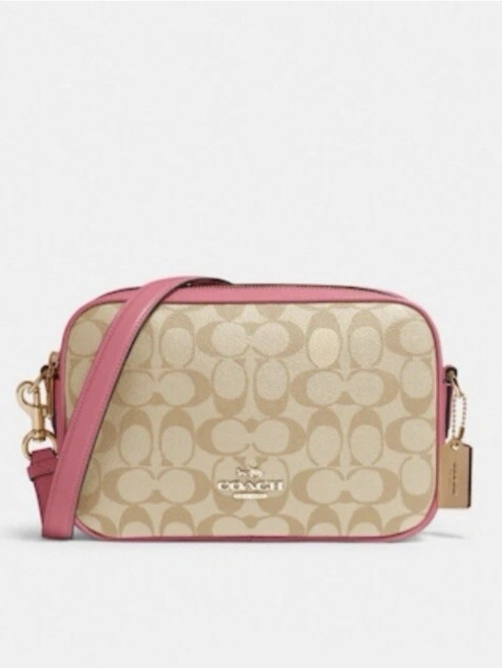 Coach Beige Signature Canvas Crossbody with Pink Trim